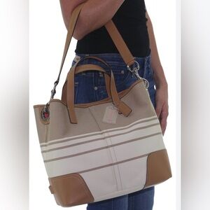Coach Tan and Cream handle Striped Duffel Tote shoulders bag